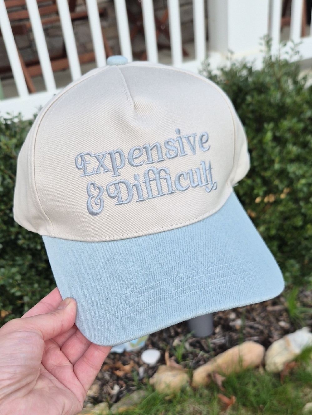 "Expensive & Difficult" Two-Tone Baseball Cap - Cream & Light Blue